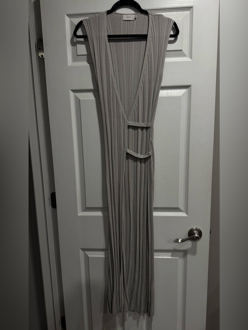 Ginia pleated gray-beige maxi dress with decorative waist straps